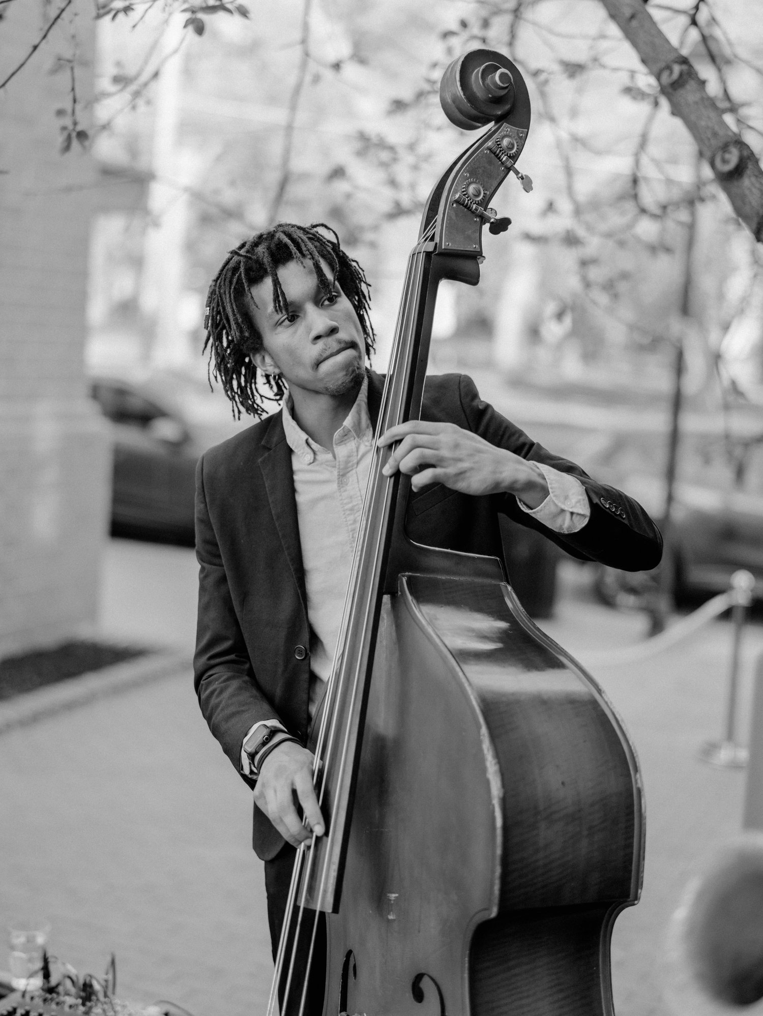 Upright bass player mid-performance